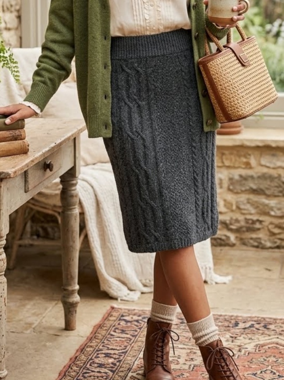 Moth Antropologie Flowing Cables Sweater Skirt Wool Cable Knit Cottagecore Sz M